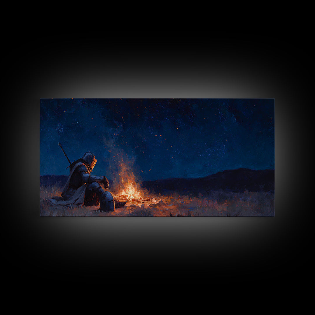 Lonely Knight Campfire Canvas Print, Dark Fantasy Wall Art, Starry Night Medieval Decor, Gaming Room Art And Gift For Him