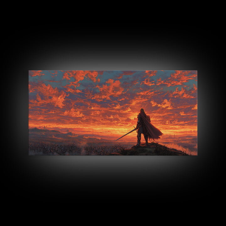 Lone Warrior Over Fiery Battlefield Canvas Print, Fantasy Wall Art, Epic Landscape Art, Medieval Decor, Dramatic Gift For Him