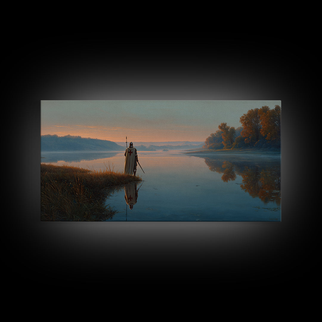 Misty River Knight Landscape Wall Art, Serene Medieval Lake Canvas, Reflective Nature Decor, Fantasy Print, Gift For Him