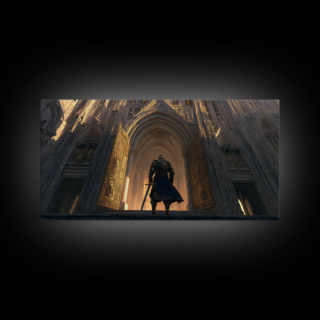 Armored Knight Before Gothic Cathedral Wall Art, Medieval Fantasy Architecture Print, Dark Academia Castle Decor Gift For Him