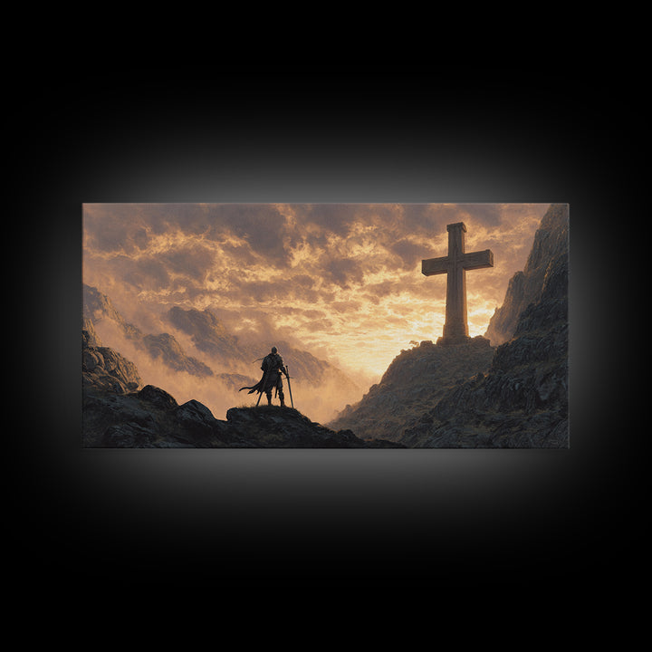 Knight At Mountain Cross Wall Art, Christian Fantasy Canvas Print, Medieval Warrior Decor, Inspirational Religious Art Print