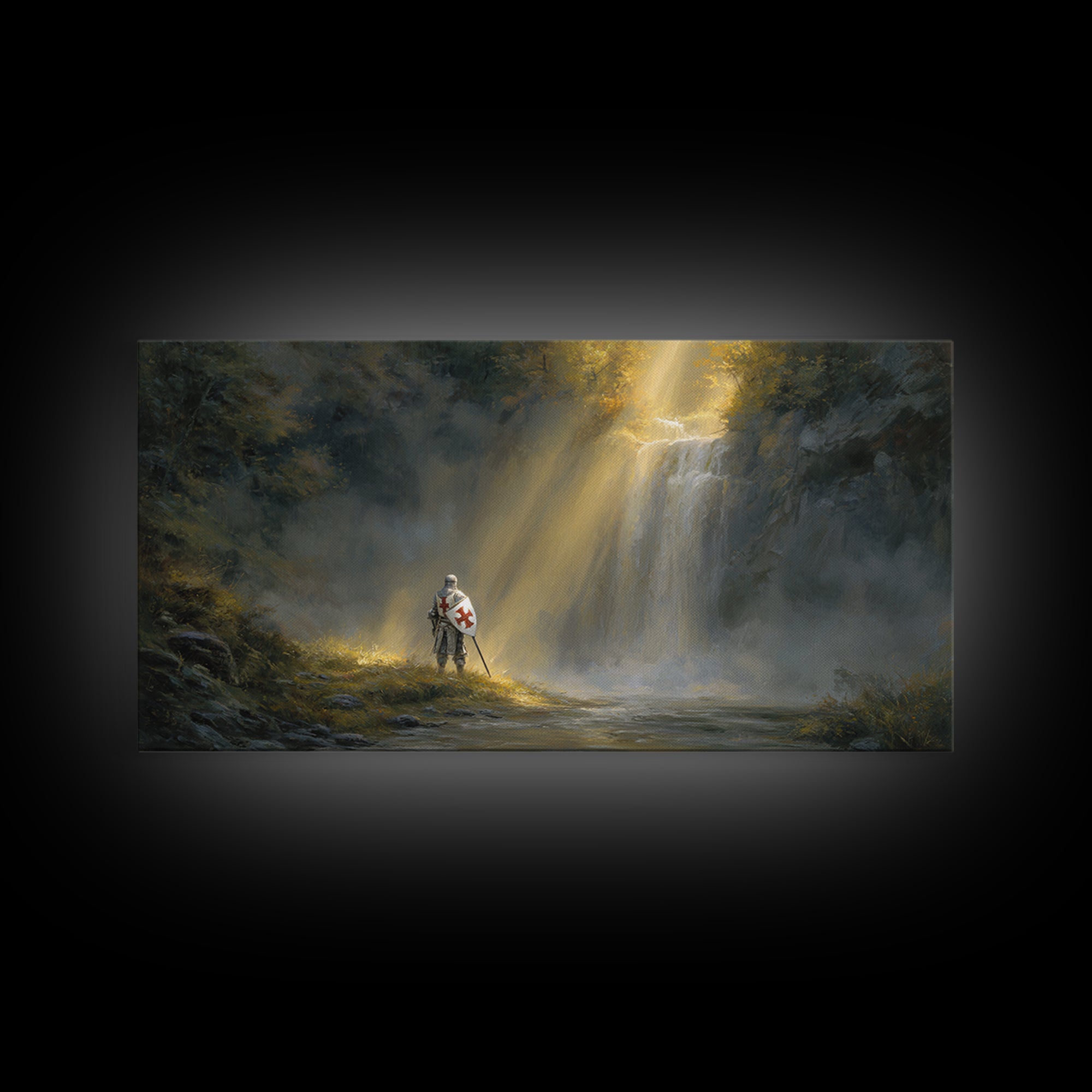 Templar Knight By Misty Waterfall Framed Canvas Print, Christian Wall Art, Medieval Landscape, Inspirational Gift For Him