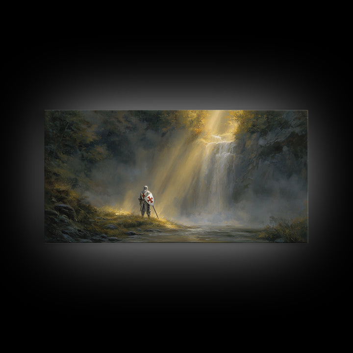 Templar Knight By Misty Waterfall Framed Canvas Print, Christian Wall Art, Medieval Landscape, Inspirational Gift For Him