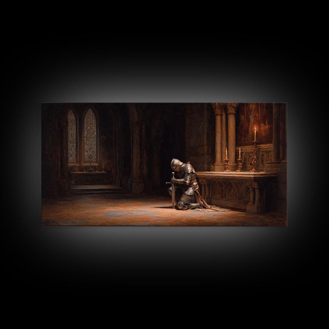 Kneeling Knight In Gothic Chapel Framed Canvas Print, Medieval Wall Art For Dark Academia Decor And Masculine Office Decor