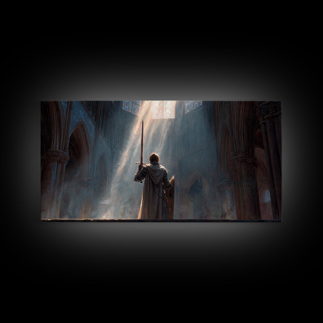 Knight In Sunlit Gothic Cathedral Framed Canvas Print, Fantasy Wall Art, Medieval Decor, Christian Artwork, Gift For Him