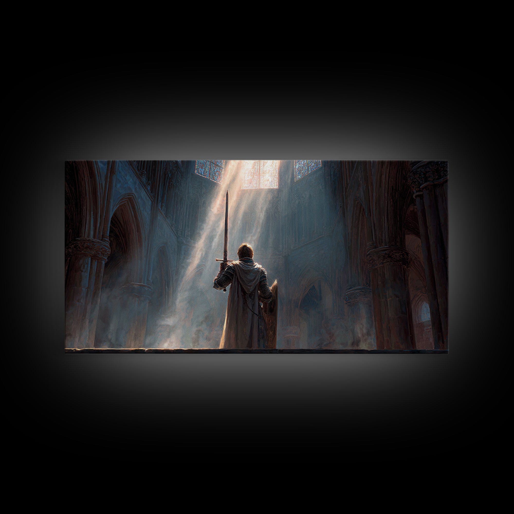 Knight In Sunlit Gothic Cathedral Framed Canvas Print, Fantasy Wall Art, Medieval Decor, Christian Artwork, Gift For Him