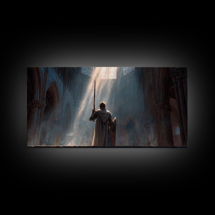Knight In Sunlit Gothic Cathedral Framed Canvas Print, Fantasy Wall Art, Medieval Decor, Christian Artwork, Gift For Him