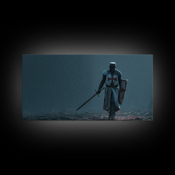 Templar Knight In Rain Wall Art, Medieval Crusader Canvas Print, Dark Fantasy Decor, Gothic Warrior Art Print For Man Cave