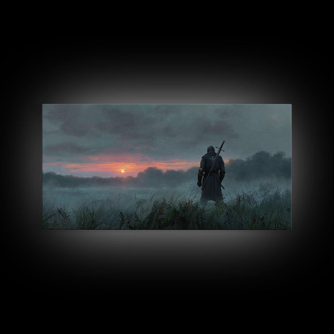 Lone Warrior At Misty Sunrise Wall Art, Medieval Fantasy Canvas Print, Moody Landscape Decor, Dark Academia Gift For Him