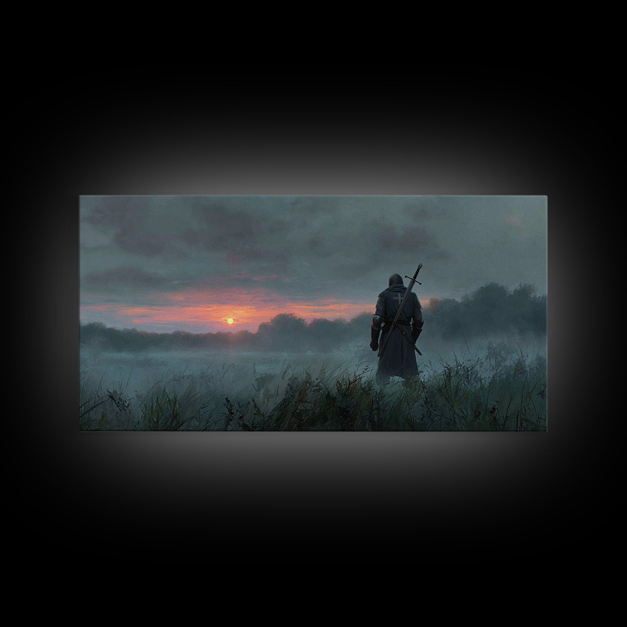 Lone Warrior At Misty Sunrise Wall Art, Medieval Fantasy Canvas Print, Moody Landscape Decor, Dark Academia Gift For Him