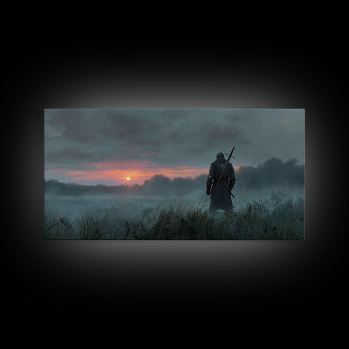 Lone Warrior At Misty Sunrise Wall Art, Medieval Fantasy Canvas Print, Moody Landscape Decor, Dark Academia Gift For Him