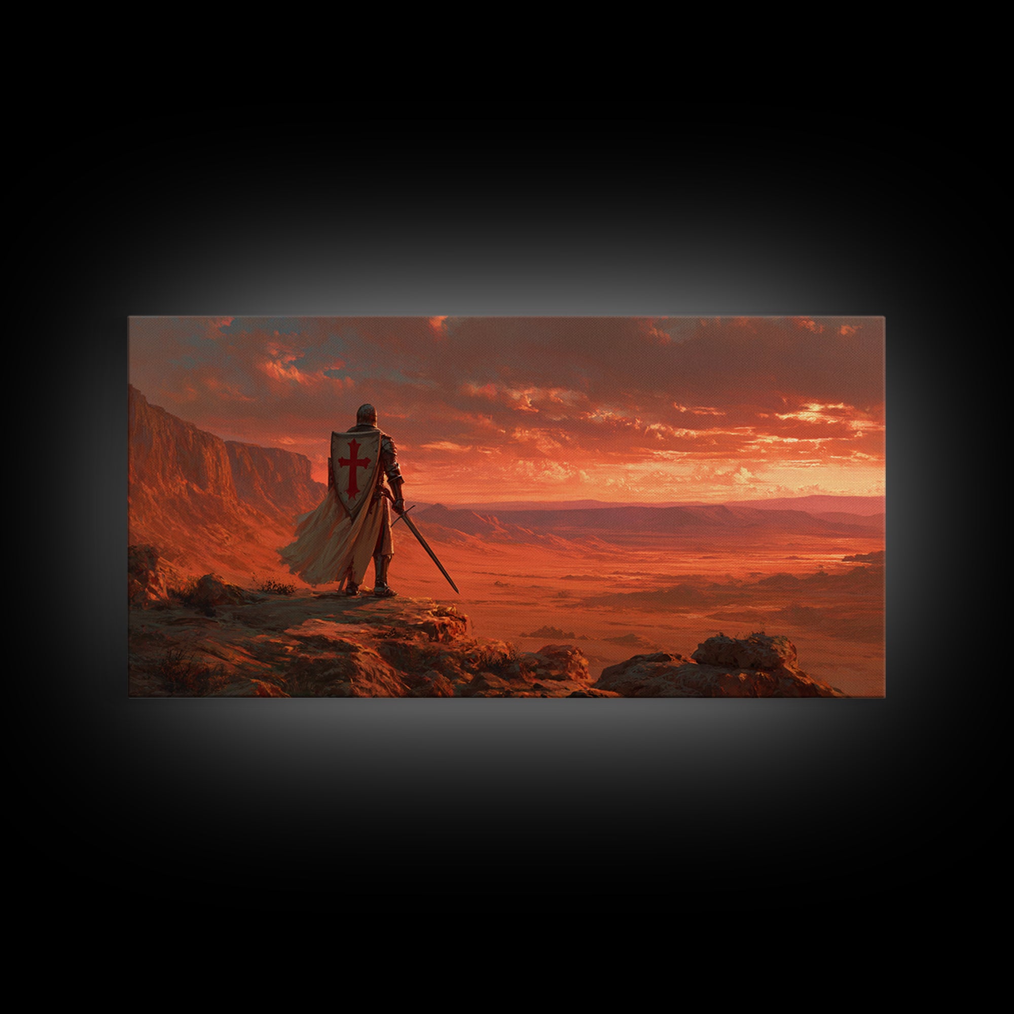Templar Knight Over Desert Valley Canvas Print, Medieval Fantasy Wall Art, Western Sunset Decor, Man Cave Poster Gift For Him