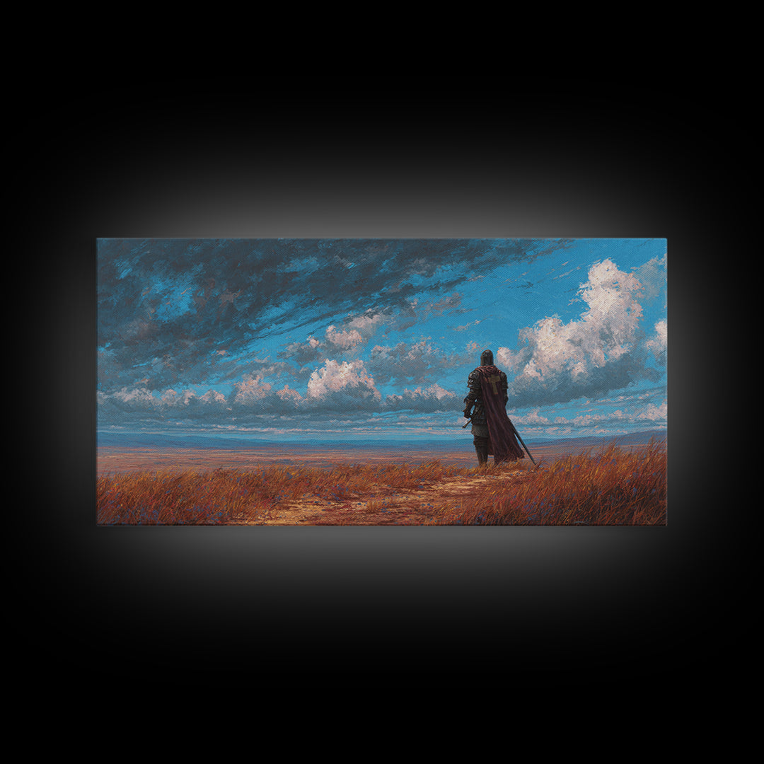 Lone Knight Coastal Fantasy Landscape Wall Art, Medieval Warrior Canvas, Moody Sky Print, Gamer Room Decor Housewarming Gift