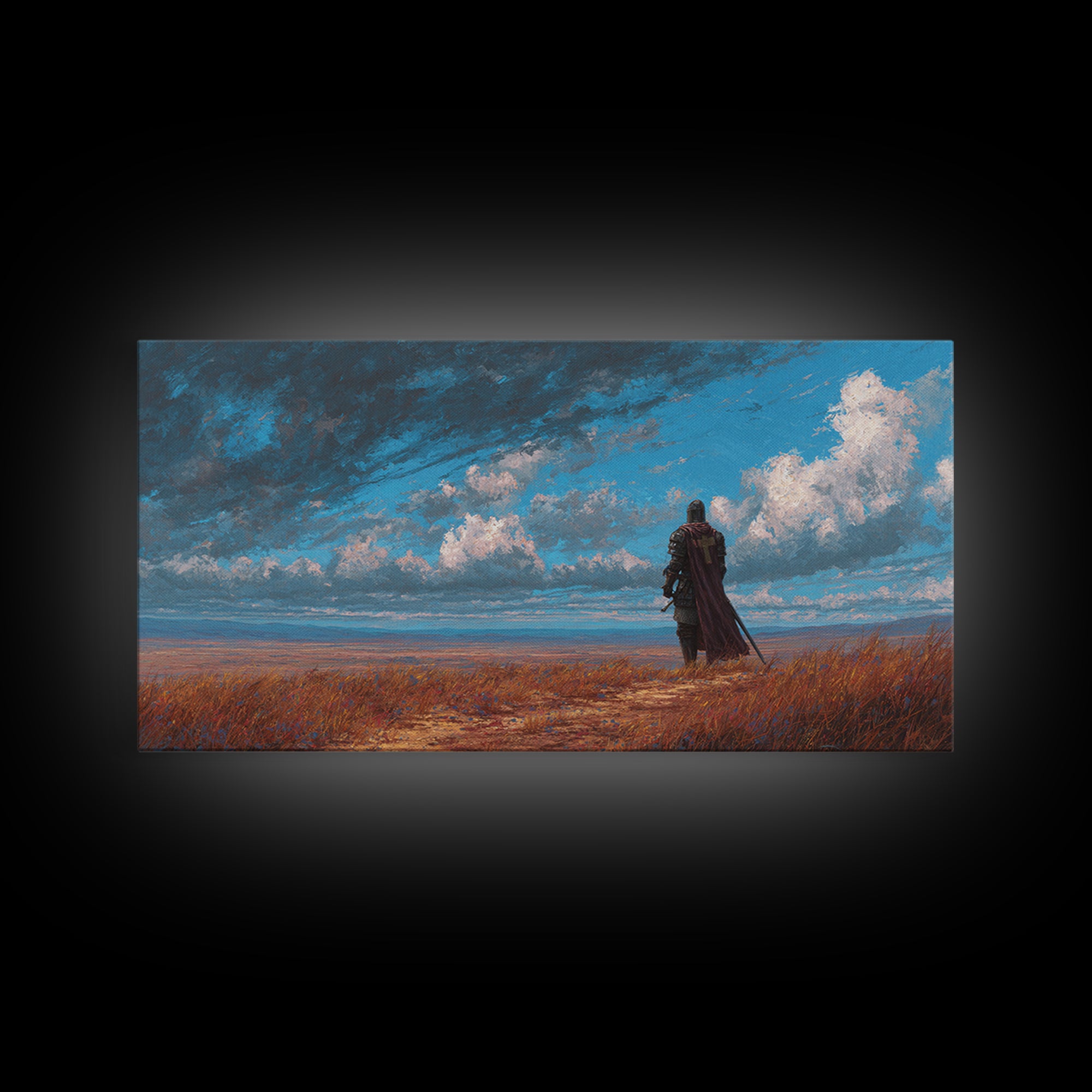 Lone Knight Coastal Fantasy Landscape Wall Art, Medieval Warrior Canvas, Moody Sky Print, Gamer Room Decor Housewarming Gift