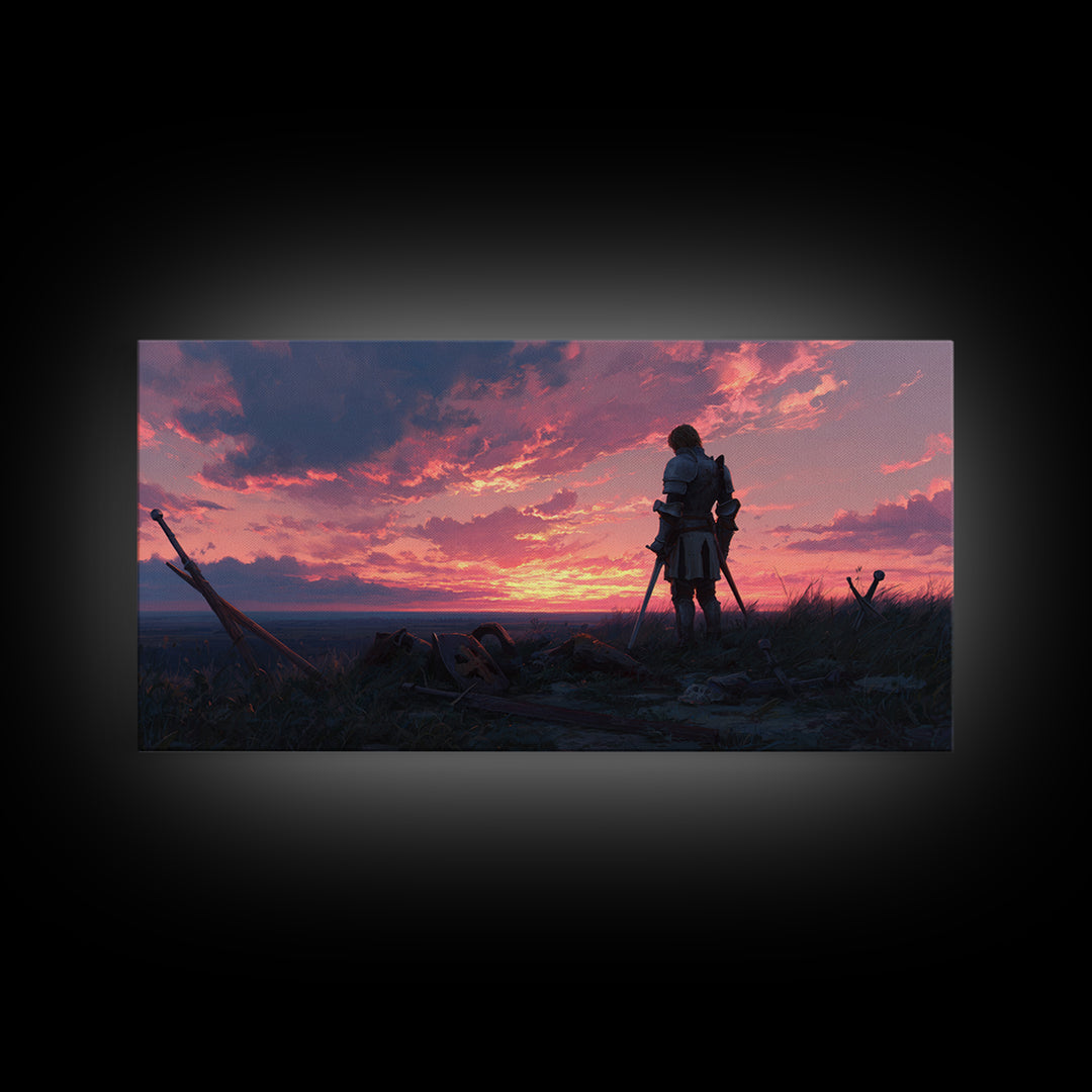 Lonely Warrior Sunset Wall Art, Medieval Battlefield Canvas Print, Moody Fantasy Landscape Decor, Gift For Him Office Art