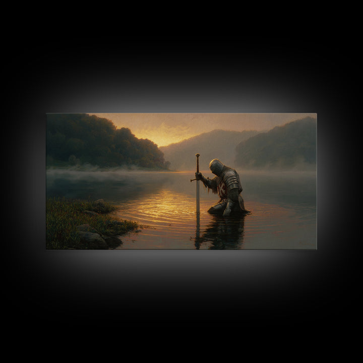 Kneeling Knight In Misty Lake At Sunrise Framed Canvas Print, Fantasy Wall Art, Medieval Decor, Man Cave Art, Gift For Him