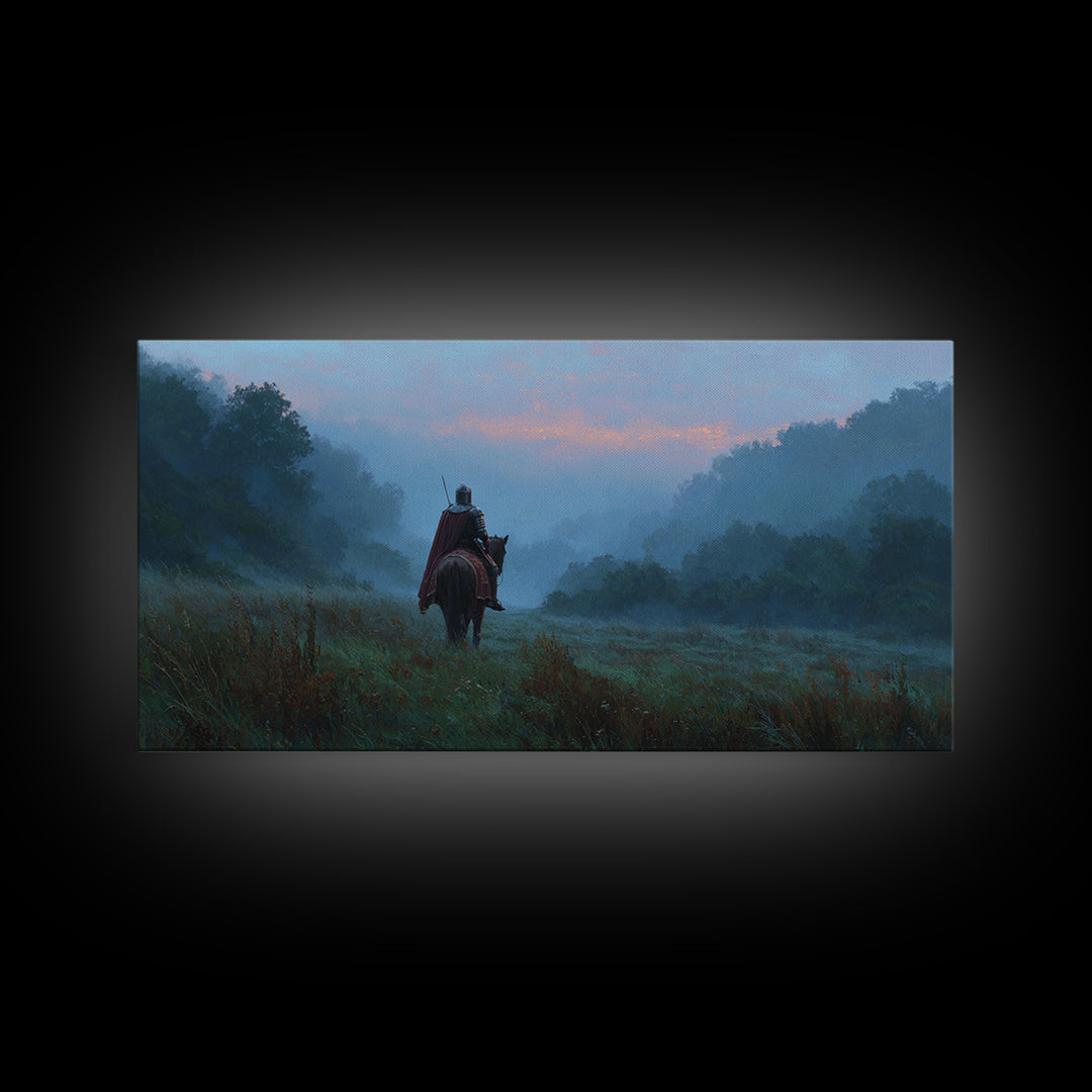 Lone Rider In Misty Forest Canvas Print, Moody Landscape Wall Art, Medieval Horseman Decor, Fantasy Adventure Gift For Him