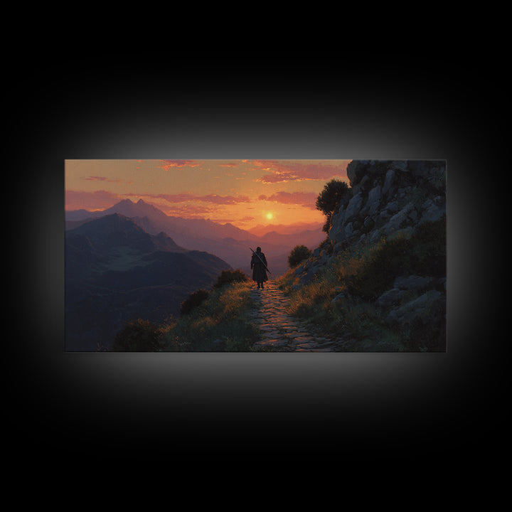 Lone Traveler Mountain Sunset Wall Art, Fantasy Landscape Canvas Print, Above Bed Decor, Adventure Gift, Nature Wall Decor