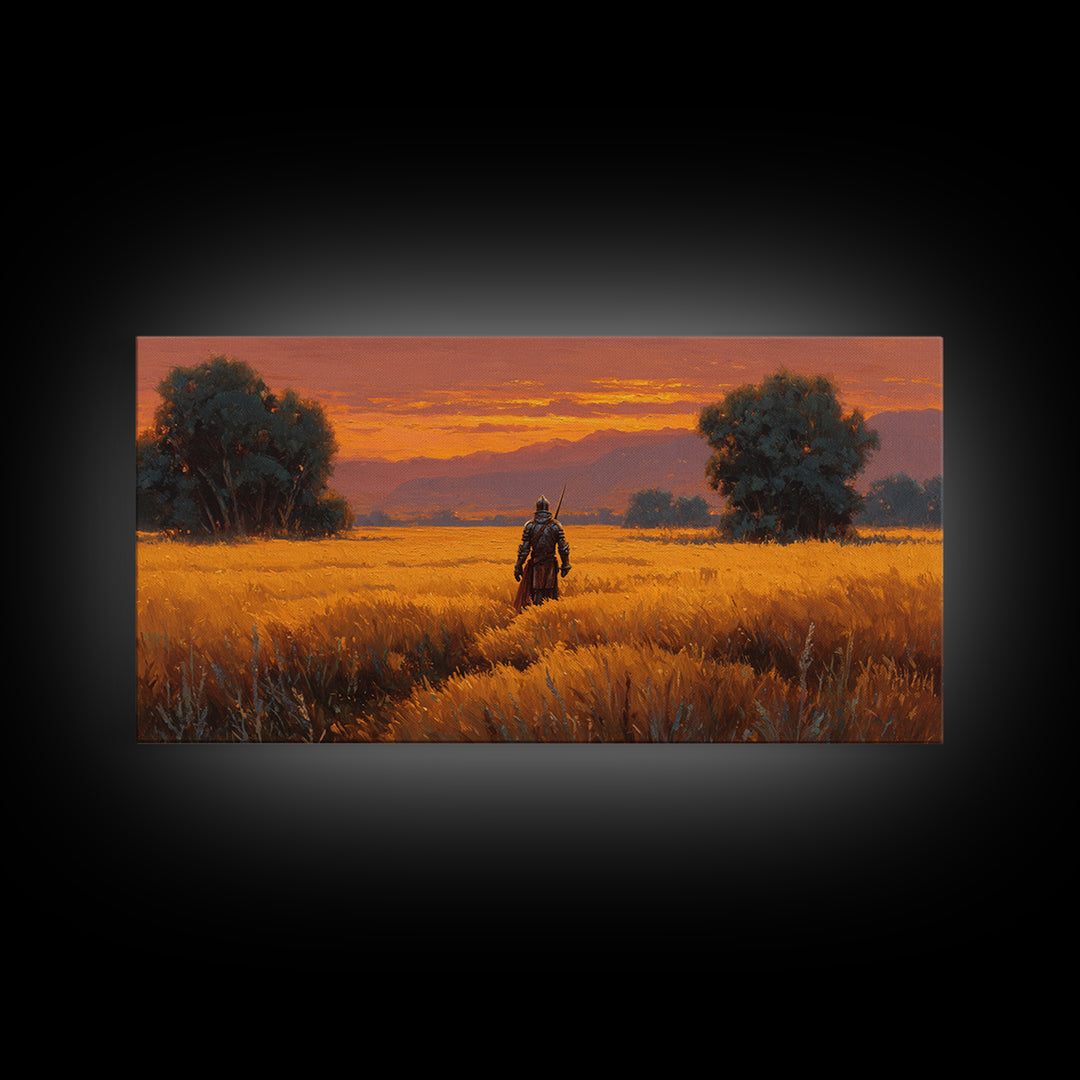 Armored Warrior In Golden Field Wall Art, Fantasy Landscape Print, Sunset Adventure Decor, Medieval Knight Gift For Him Art