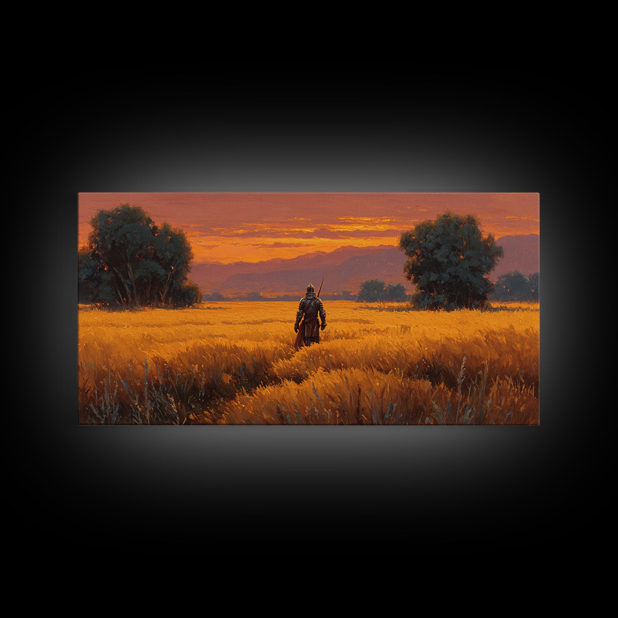 Armored Warrior In Golden Field Wall Art, Fantasy Landscape Print, Sunset Adventure Decor, Medieval Knight Gift For Him Art