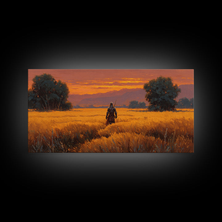 Armored Warrior In Golden Field Wall Art, Fantasy Landscape Print, Sunset Adventure Decor, Medieval Knight Gift For Him Art