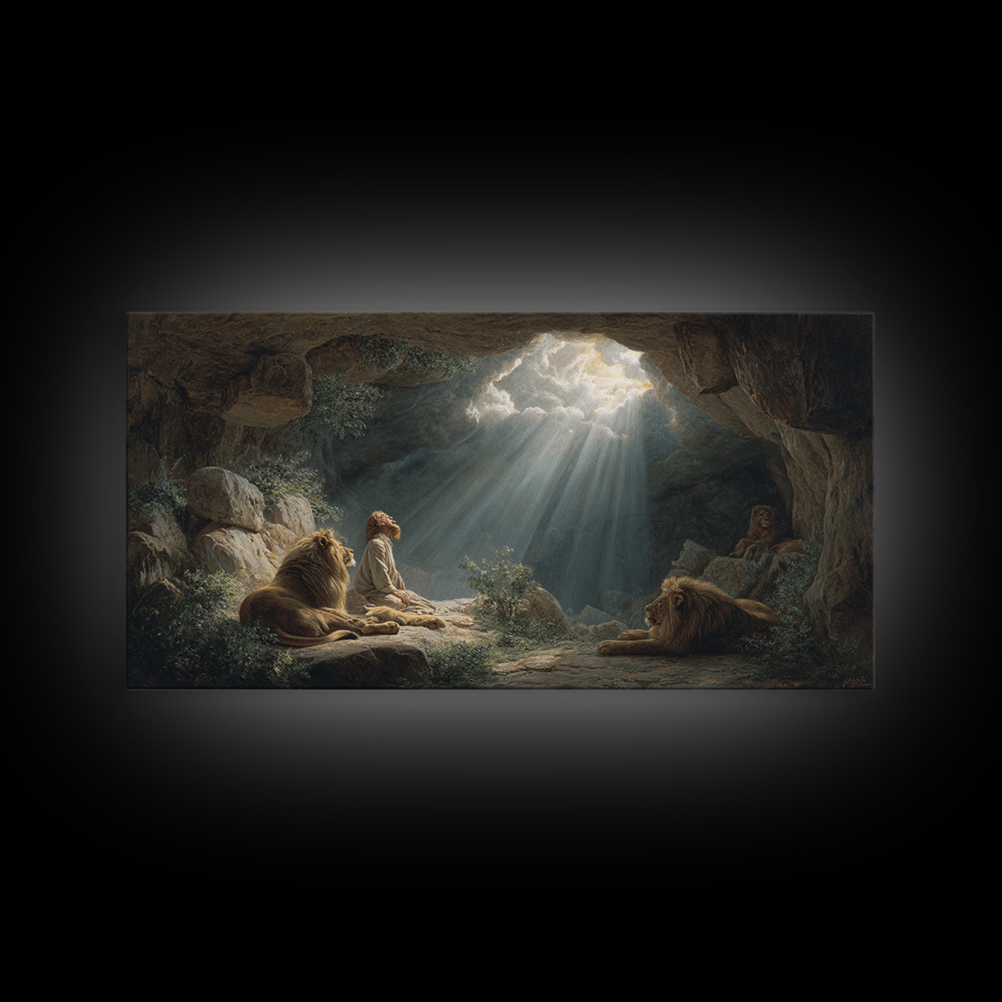 Sunlit Cave Child With Lions Canvas Print, Biblical Fantasy Wall Art For Nursery Decor, Prayer Room Decor And Housewarming Gift
