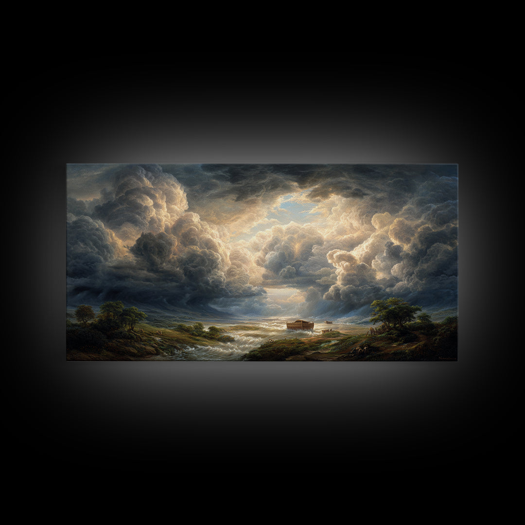 Storm Clouds Over Flooded Valley Canvas Print, Dramatic Landscape Art, Moody Wall Decor, Biblical Nature Home Decor, Housewarming Gift