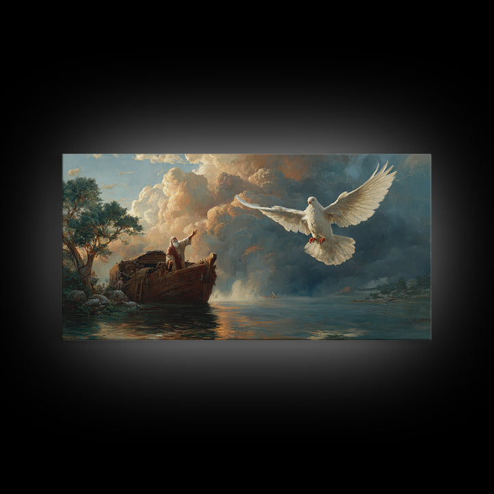 Noah Releasing White Dove From Ark Framed Canvas Print, Biblical Wall Art, Christian Decor, Spiritual Gift For Prayer Room