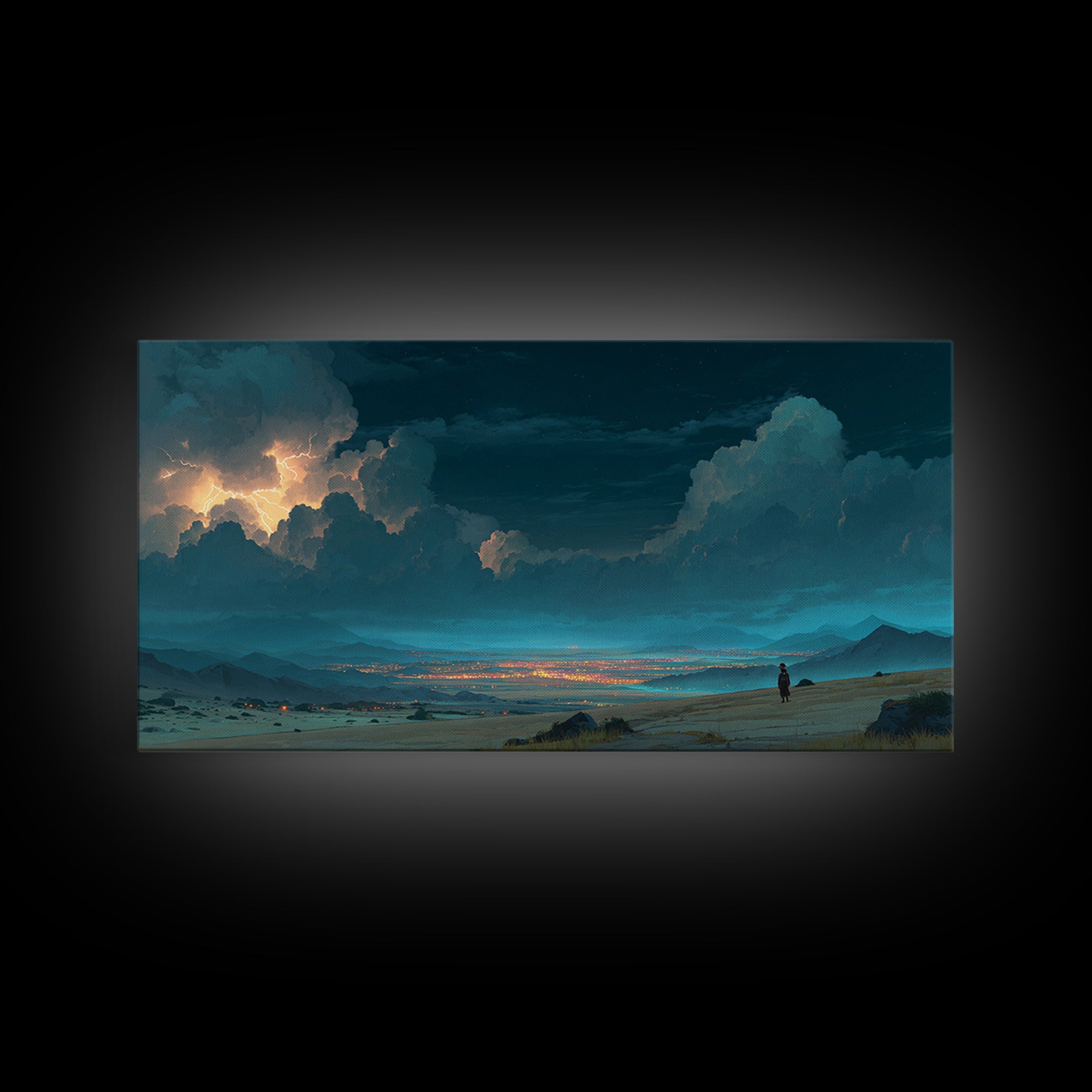 Moonlit Desert Storm Wall Art, Moody Blue Night Landscape Canvas Print, Southwest Travel Decor, Dramatic City Lights Gift