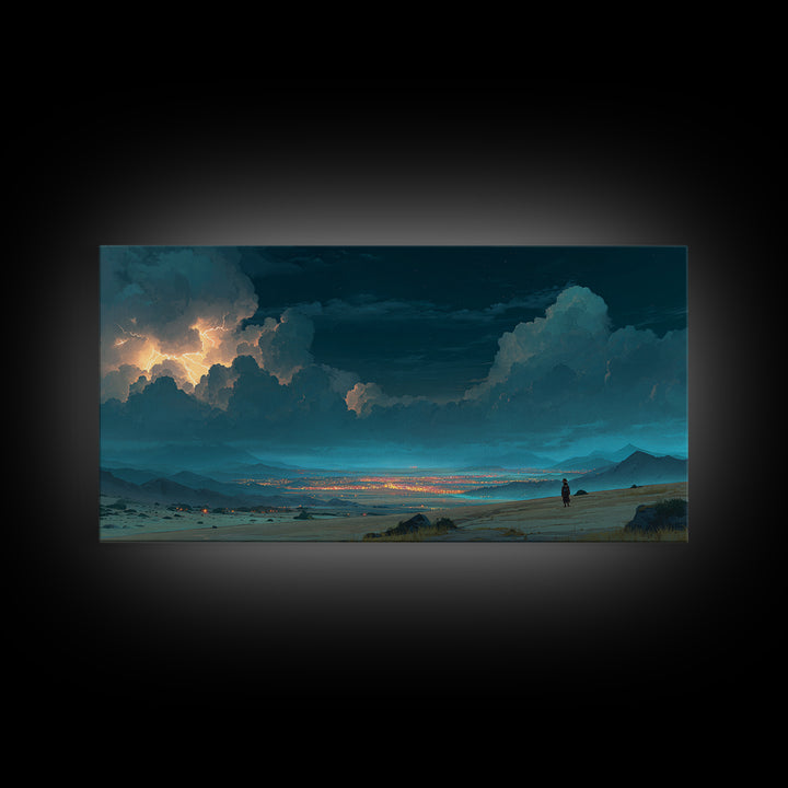 Moonlit Desert Storm Wall Art, Moody Blue Night Landscape Canvas Print, Southwest Travel Decor, Dramatic City Lights Gift