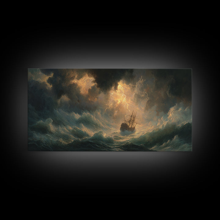 Lightning Storm Ship At Sea Canvas Print, Moody Ocean Seascape Wall Art, Nautical Decor, Dramatic Coastal Wall Decor For Living Room