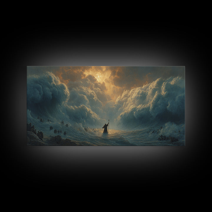 Moses Parting The Red Sea Wall Art, Biblical Ocean Storm Painting, Christian Home Decor, Dramatic Faith Gift For Living Room