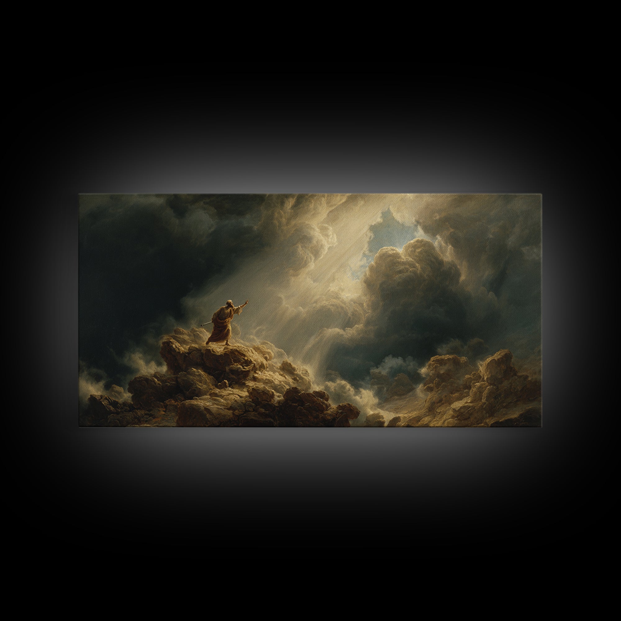Prophet On Stormy Mountain Canvas Print, Biblical Wall Art, Divine Light Clouds, Spiritual Landscape Decor Gift For Prayer Room