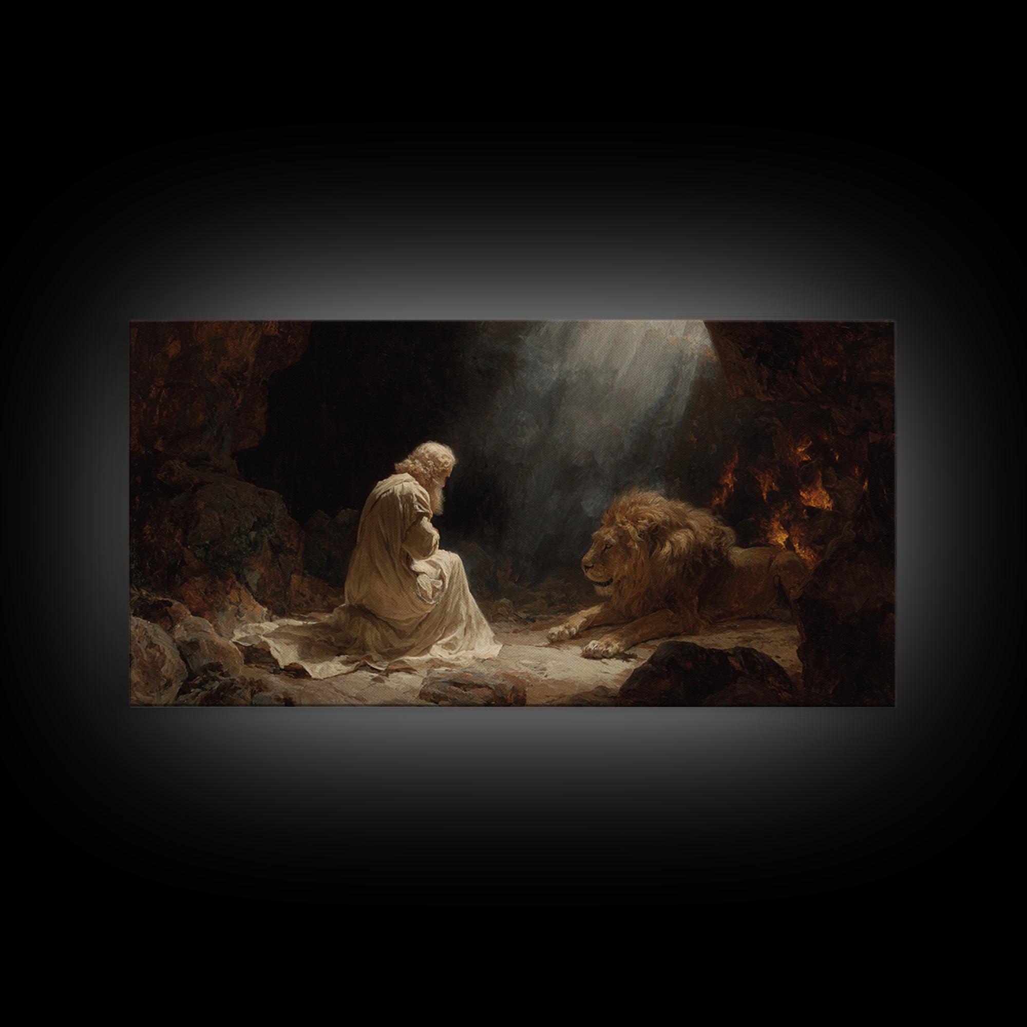 Praying Man With Lion Cave Wall Art, Christian Canvas Print, Biblical Daniel Decor, Spiritual Fine Art For Prayer Room Decor