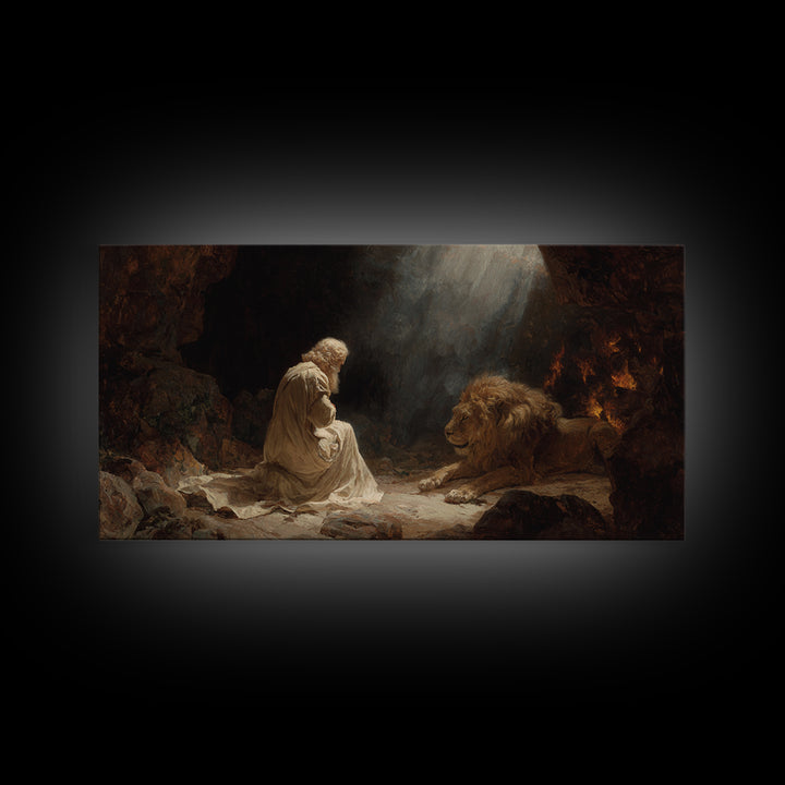 Praying Man With Lion Cave Wall Art, Christian Canvas Print, Biblical Daniel Decor, Spiritual Fine Art For Prayer Room Decor
