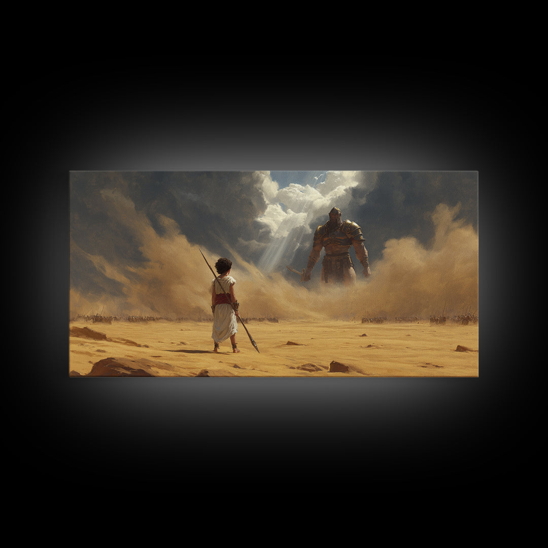 Young Warrior Facing Desert Giant Wall Art, Epic Biblical Fantasy Canvas Print, Courage Painting For Boys Room And Office Decor