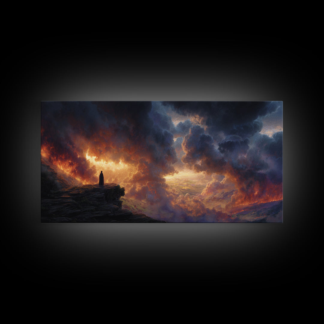 Lone Figure Before Fiery Storm Wall Art, Dark Fantasy Canvas Print, Dramatic Surreal Landscape, Moody Office Decor Gift For Him