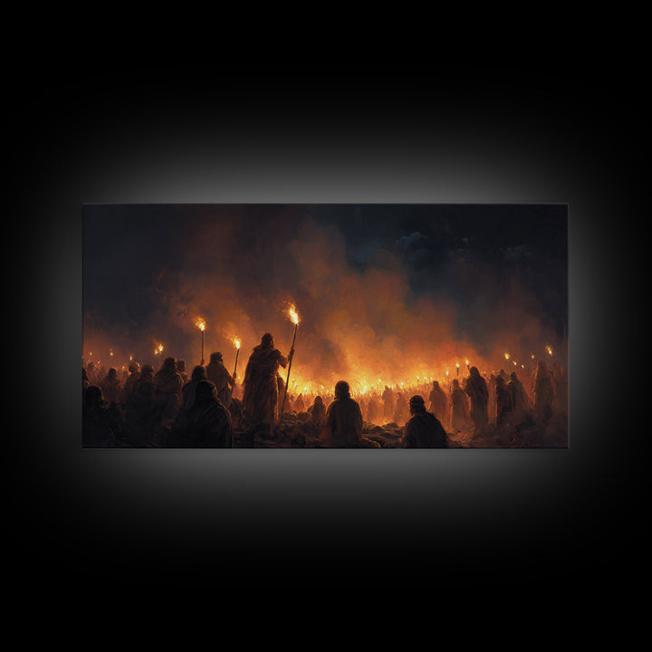 Torchlit Gathering In Smoky Night Wall Art, Dark Fantasy Painting Print, Moody Medieval Decor, Dramatic Statement Art For Gothic Home