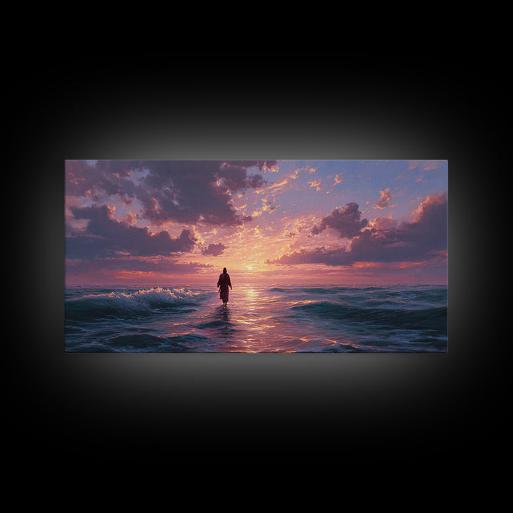 Solitary Figure In Ocean Sunset Waves Wall Art, Seascape Canvas Print, Coastal Decor, Romantic Bedroom Art, Gift For Her