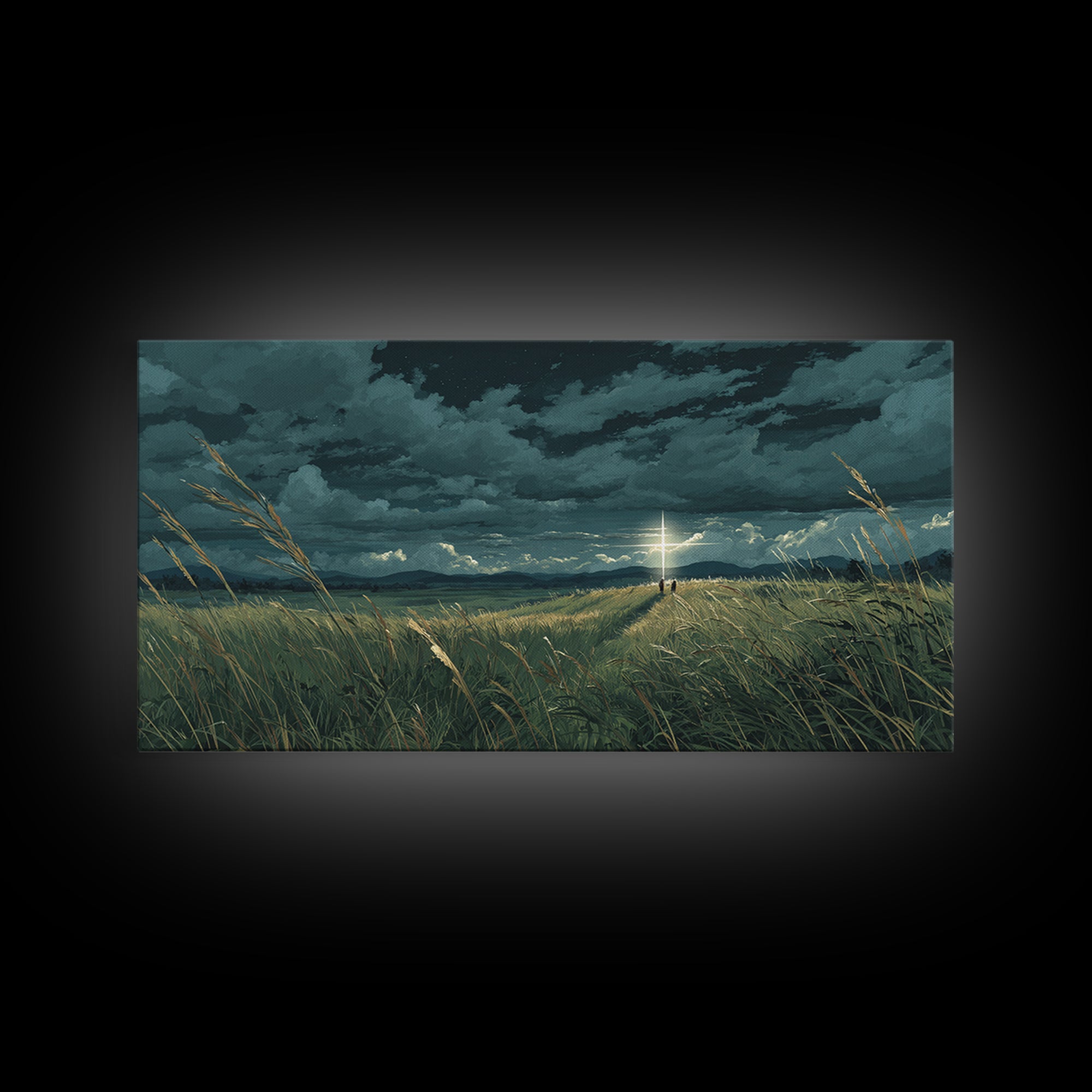Lone Figure In Stormy Meadow Wall Art, Moody Fantasy Landscape Canvas Print, Cinematic Field Decor, Dramatic Nature Art Print