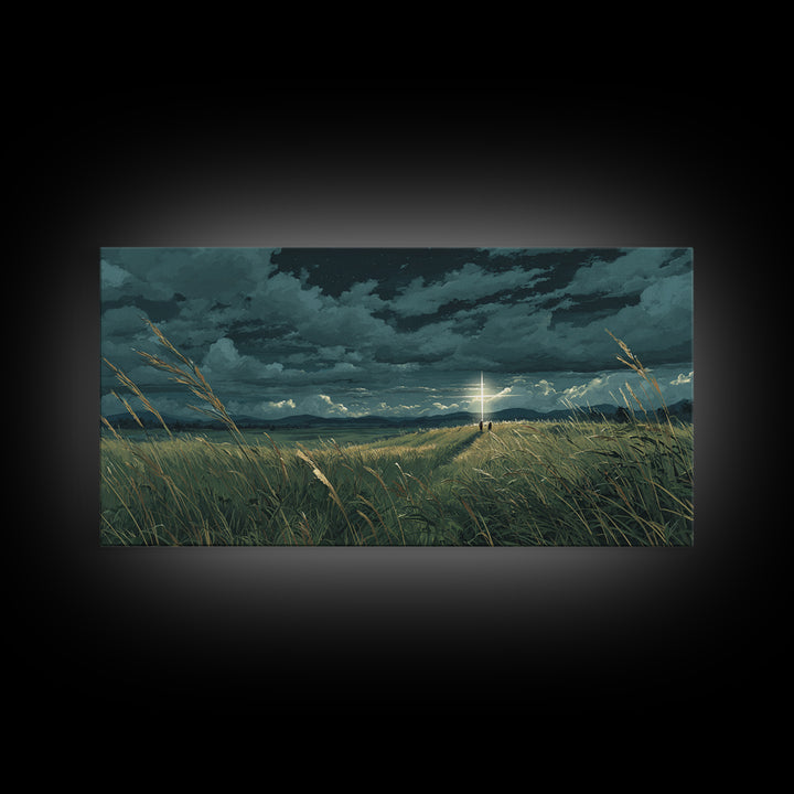 Lone Figure In Stormy Meadow Wall Art, Moody Fantasy Landscape Canvas Print, Cinematic Field Decor, Dramatic Nature Art Print