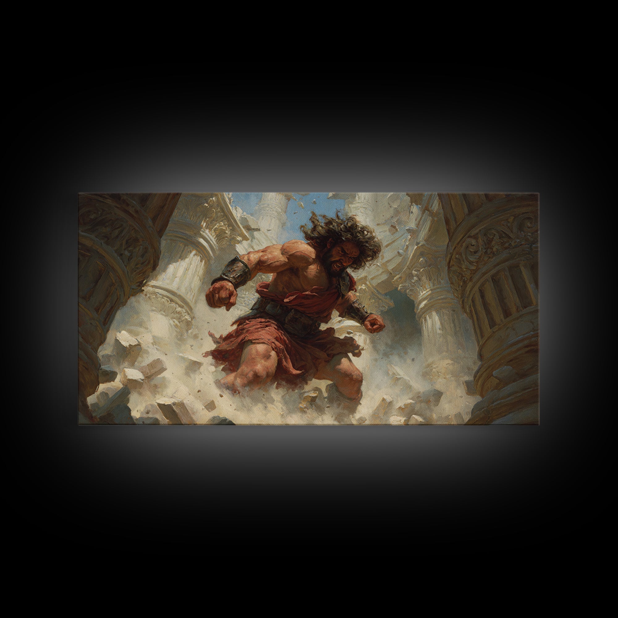 Raging Titan Among Ruined Columns Framed Canvas Print, Mythological Art, Greek Fantasy Wall Art, Dramatic Home Decor, Statement Artwork