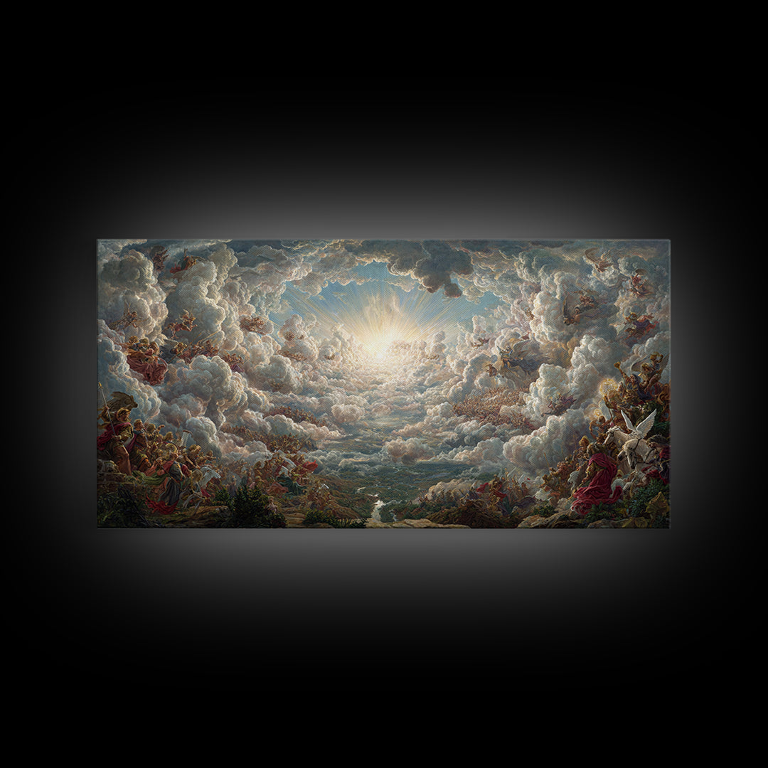 Heavenly Cloud Battle With Angels Framed Canvas Print, Baroque Mythological Wall Art, Renaissance Decor, Biblical Gift Art