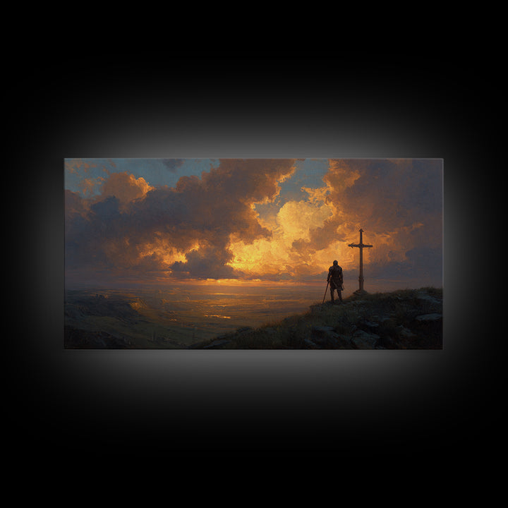 Lone Knight Sunset Wall Art, Medieval Fantasy Landscape Canvas Print, Christian Cross Decor, Masculine Office Art Gift For Him
