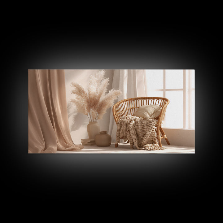 Neutral Wicker Chair With Pampas Grass Canvas Print, Boho Bedroom Wall Art, Cozy Minimalist Decor For Modern Living Room