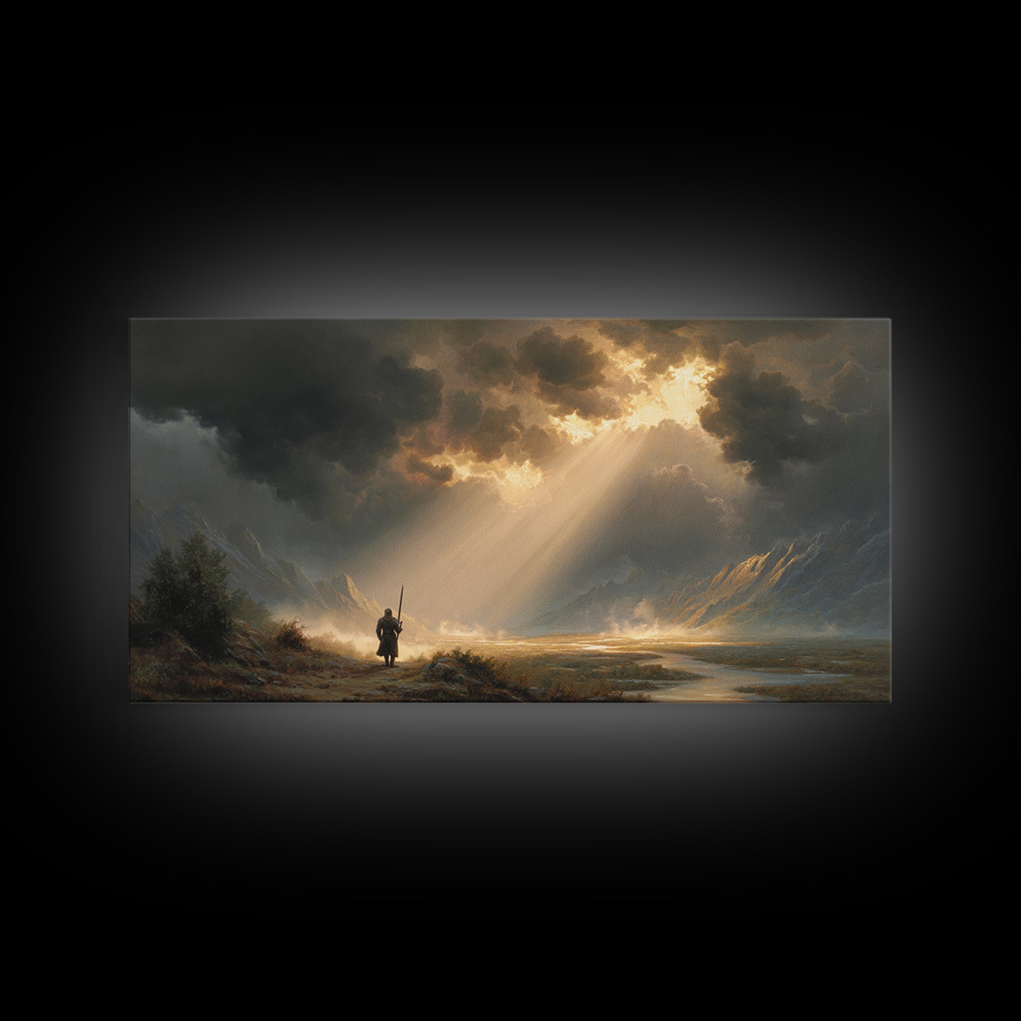 Warrior In Sunlit Mountain Valley Canvas Print, Fantasy Landscape Wall Art, Epic Adventure Decor And Dramatic Office Art