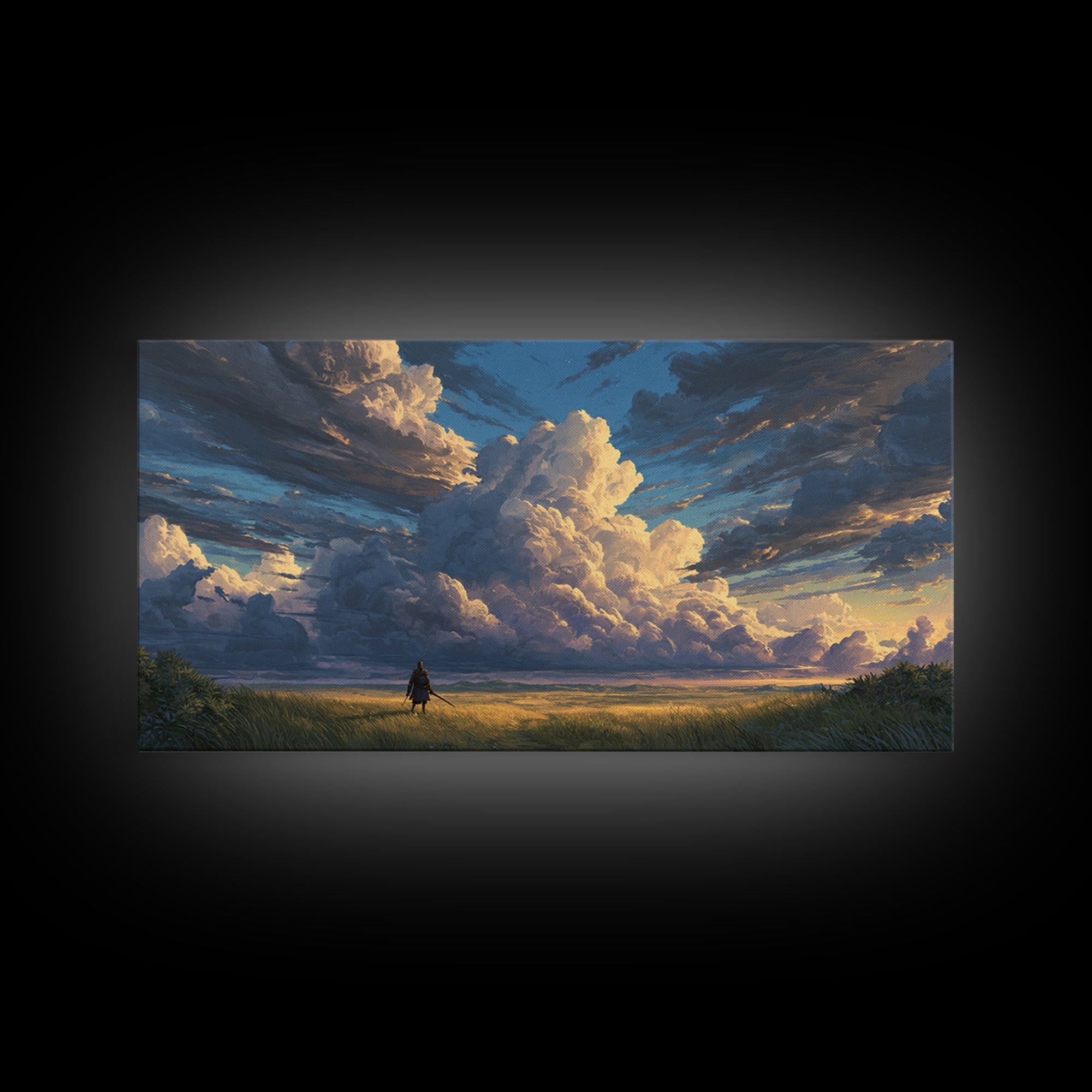 Lone Traveler Beneath Towering Clouds Wall Art, Dramatic Landscape Canvas Print, Calming Nature Living Room Decor, Large Poster