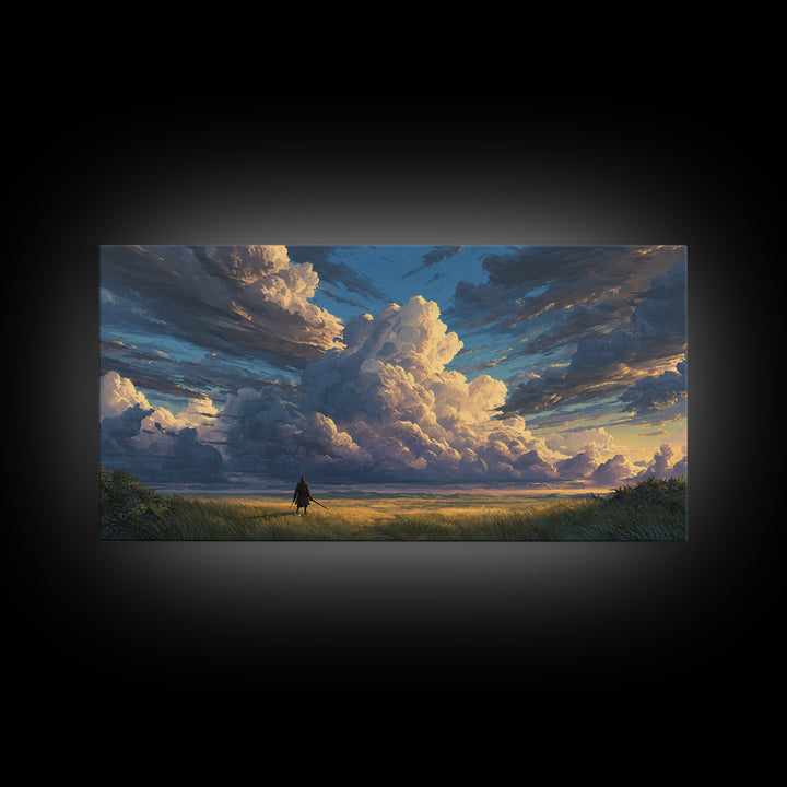 Lone Traveler Beneath Towering Clouds Wall Art, Dramatic Landscape Canvas Print, Calming Nature Living Room Decor, Large Poster