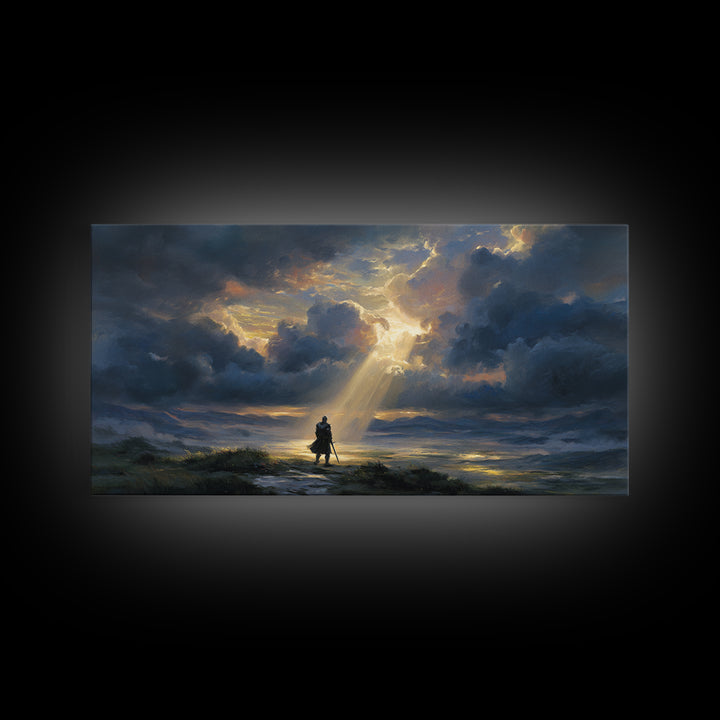 Lone Wanderer Beneath Radiant Storm Clouds Wall Art, Dramatic Fantasy Landscape Print, Moody Sky Living Room Decor, Gift For Him