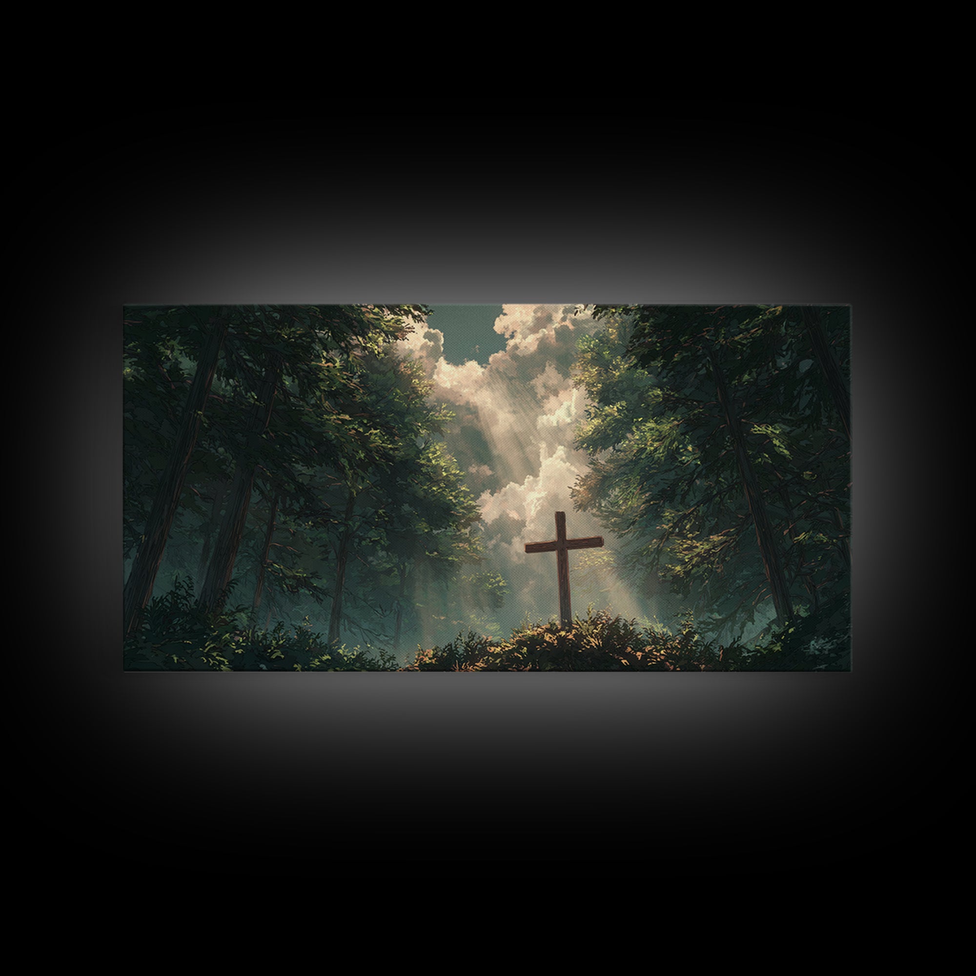 Sunlit Forest Cross Wall Art, Christian Canvas Print, Peaceful Nature Landscape, Bible Verse Decor, Prayer Room Gift, For Him